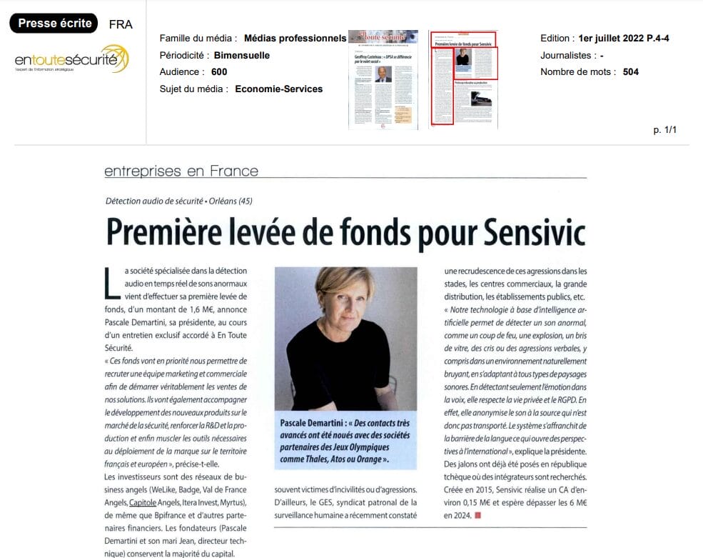 2022-07-01 Première levée de fonds pour sensivic