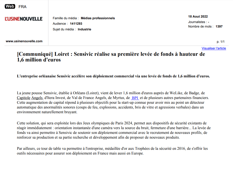 2022-08-18 - Loiret : Sensivic réalise sa première levée de fonds à hauteur de 1,6 million d'euros