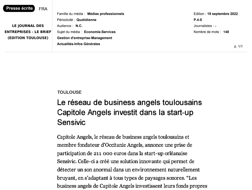 2022-09-19 - Le réseau de business angels toulousains Capitole Angels investit dans la start-up SENSIVIC - LE JOURNAL DES ENTREPRISES - LE BRIEF (EDITION TOULOUSE)