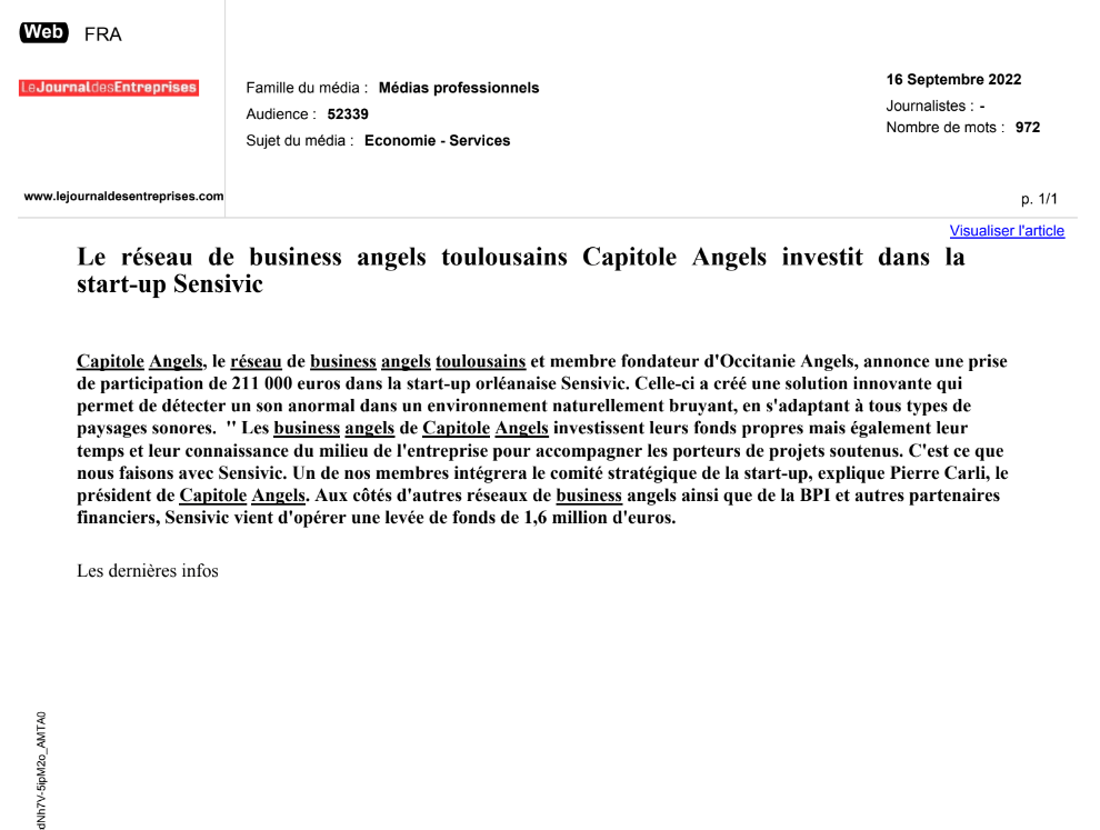 Le réseau de business angels toulousains Capitole Angels investit dans la start-up SENSIVIC - Le Journal des Entreprises