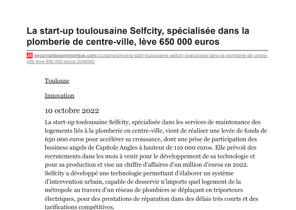 La start-up toulousaine Selfcity, spécialisée dans la plomberie de centre-ville, lève 650 000 euros