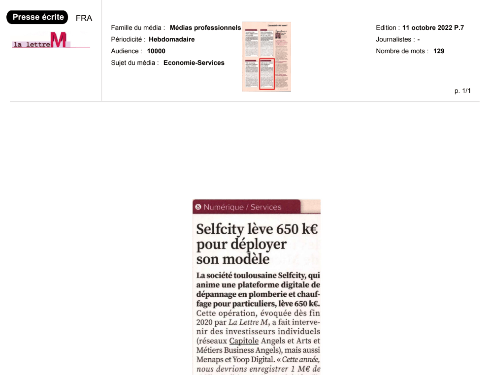 2022-10-102- Selfcity lève 650k EUR pour déployer son modèle - LA LETTRE M