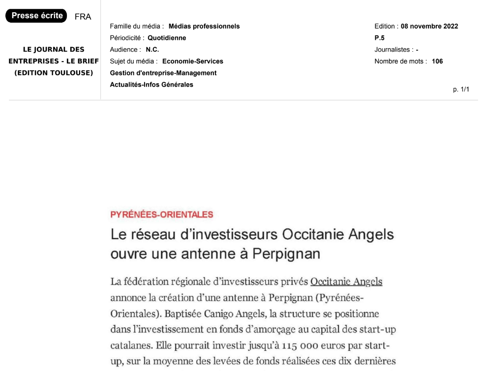 2022-11-08- Le réseau d'investisseurs Occitanie Angels ouvre une antenne à Perpignan -LE JOURNAL DES ENTREPRISES - LE BRIEF (EDITION TOULOUSE)