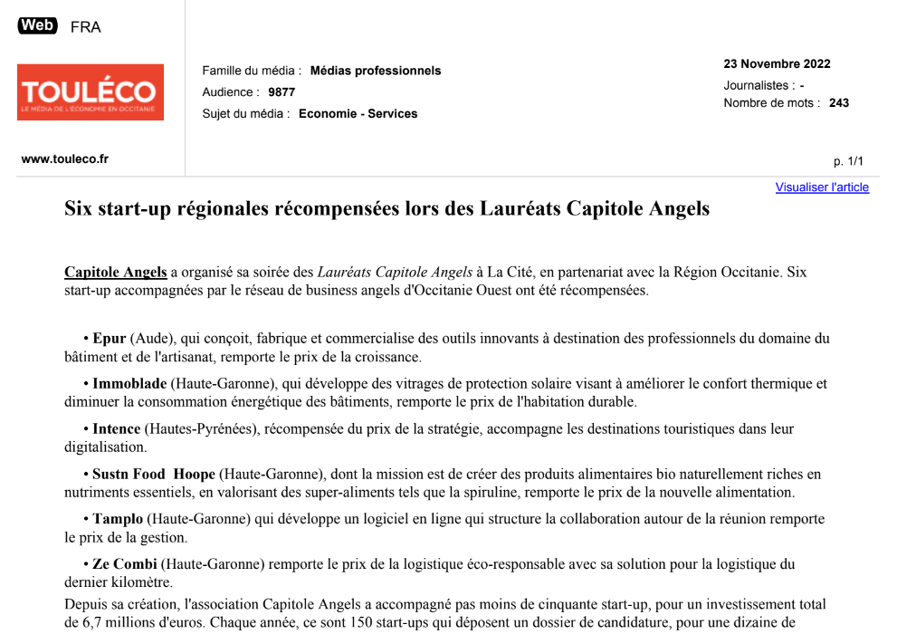 2022-11-24 - Six start-up récompensées lors des Lauréats Capitole Angels - Touléco