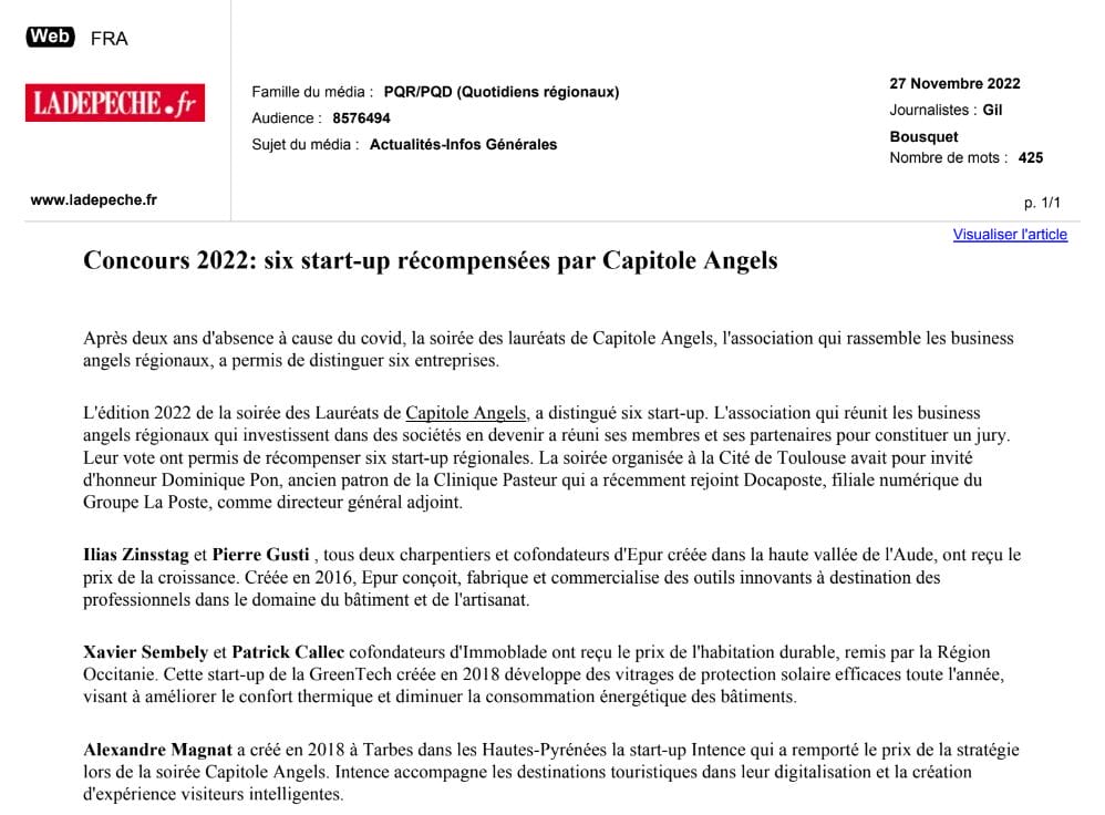 Concours 2022: six start-up récompensées par Capitole Angels
