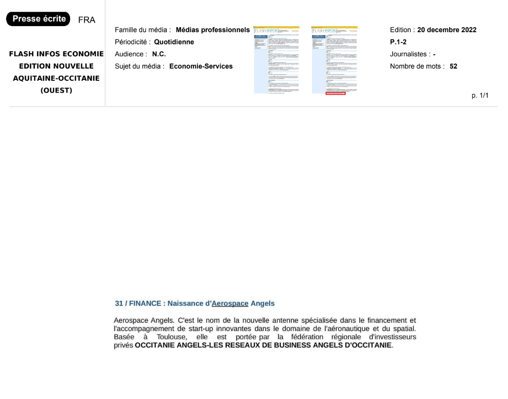 2022-12-20-Aerospace Angels - FLASH INFOS ECONOMIE EDITION NOUVELLE AQUITAINE-OCCITANIE (OUES...272293