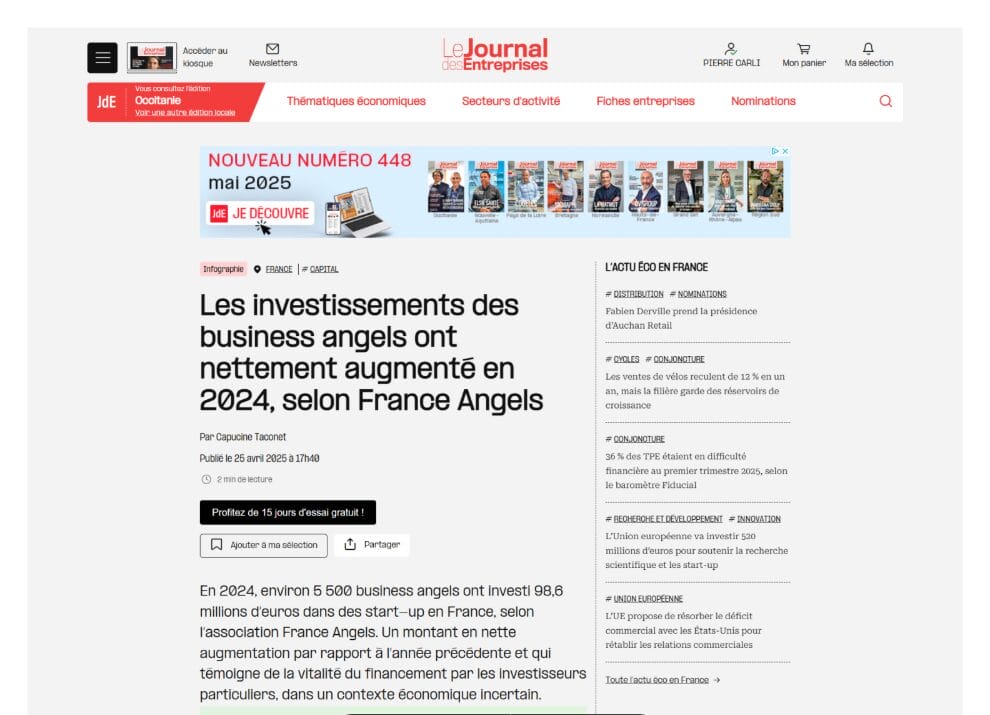 Le 06/05/2025 - Les investissements des business angels ont nettement augmente en 2024 selon France Angels - Le JDE