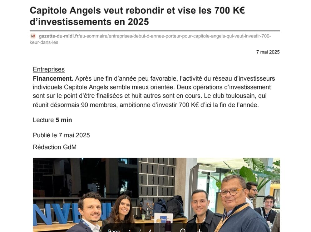 Le 09/05/2025 - Capitole Angels veut rebondir et vise les 700 K dinvestissements en 2025 - gazette-du-midi.fr