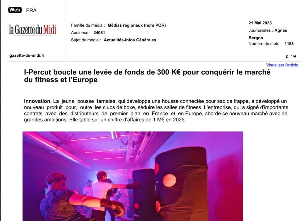 Le 21/05/2025 - I-Percut boucle une levée de fonds de 300 K€ pour conquérir le marché du fitness et l'Europe - la Gazette du Midi