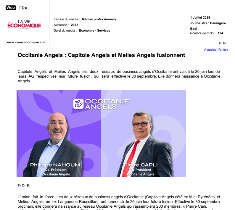Le 01/07/2025 - Occitanie Angels : Capitole Angels et MELIES fusionnent - www.vie-economique.com